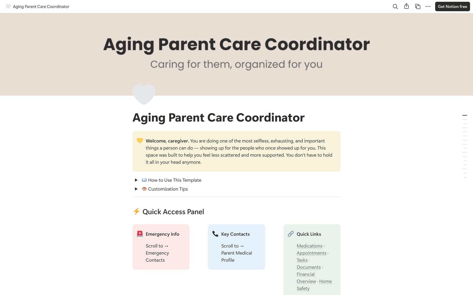 Aging Parent Care Coordinator, Notion template preview