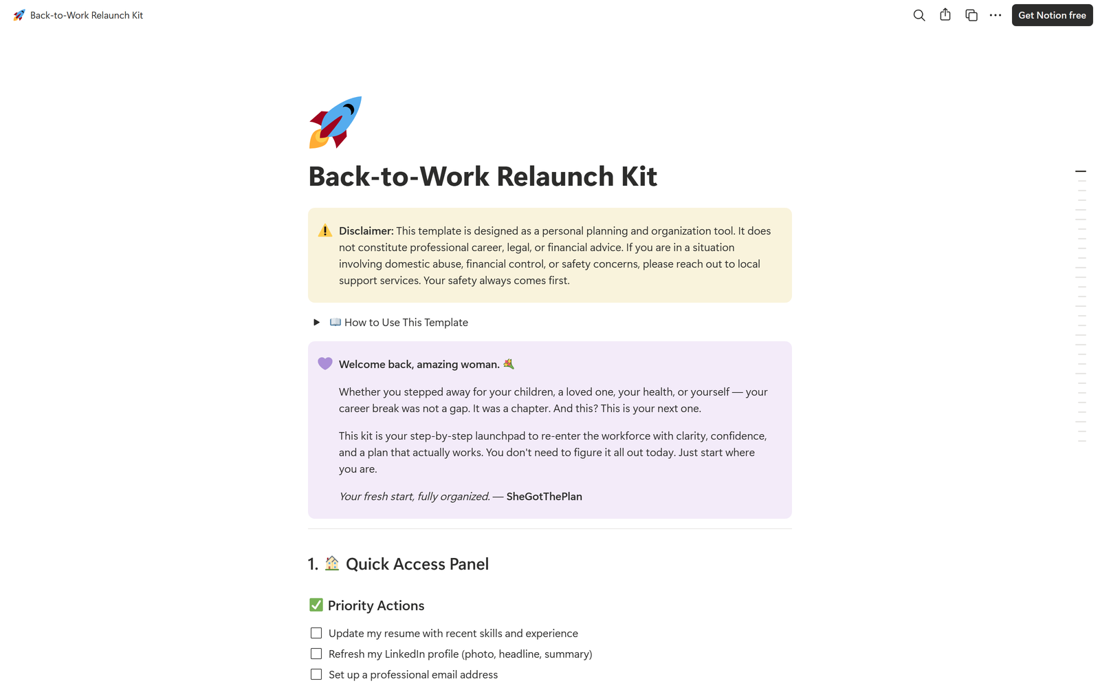 Back-to-Work Relaunch Kit, Notion template preview