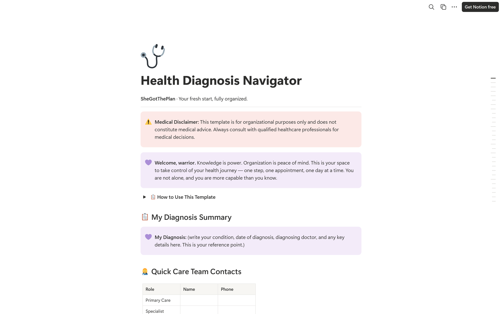 Health Diagnosis Navigator, Notion template preview