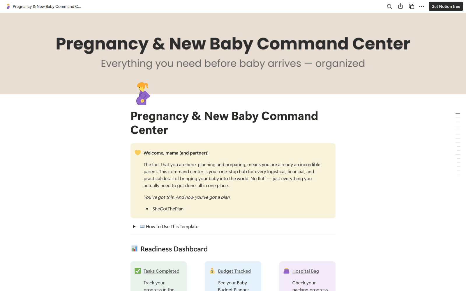 Pregnancy & New Baby Command Center, Notion template preview