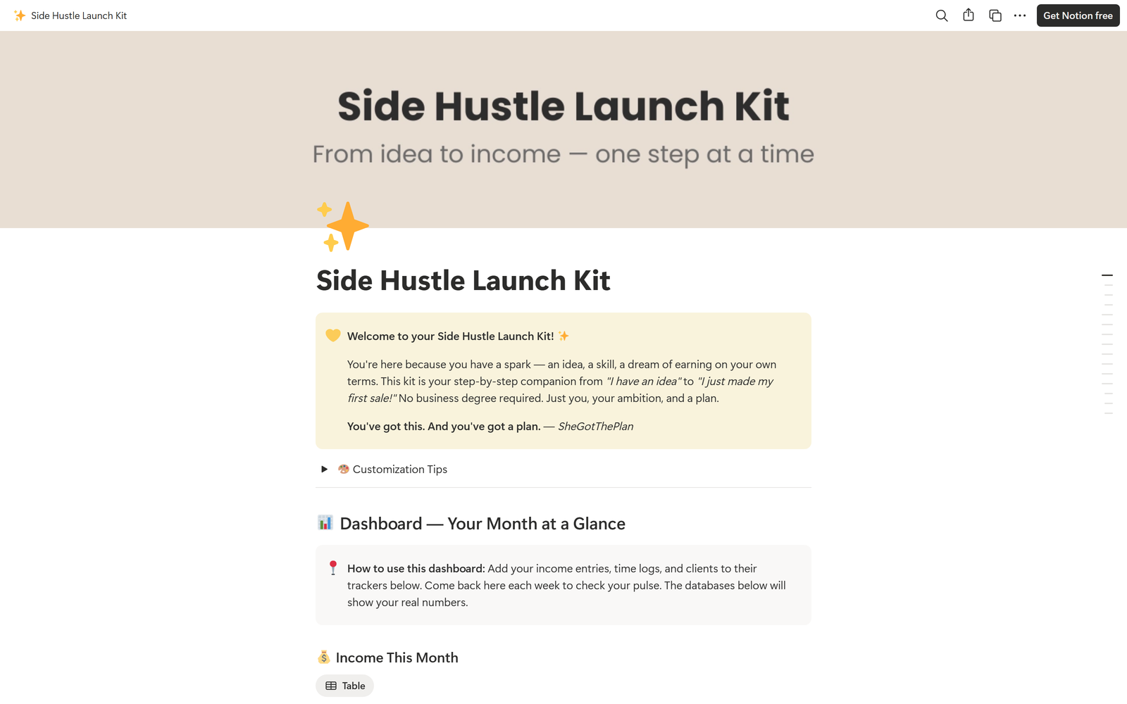 Side Hustle Launch Kit, Notion template preview